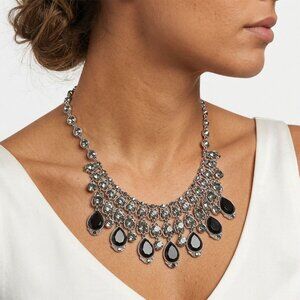 Vintage Silver Tone Black Teardrop Statement Bib Necklace - Gothic Whimsigoth